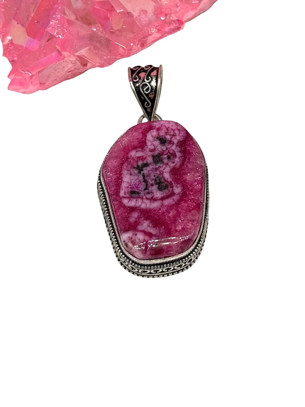 Hot Pink Solar Quartz Necklace Pendant 925 Sterling Silver Overlay